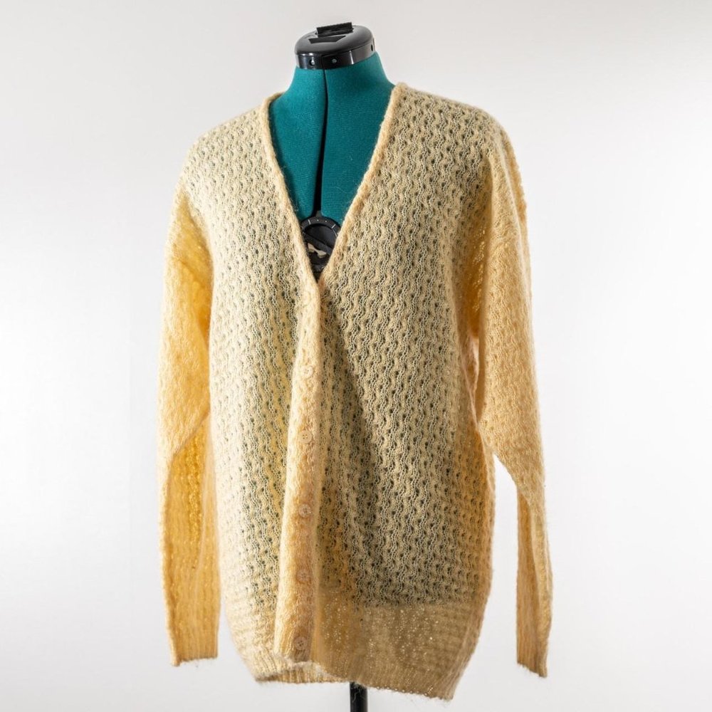 Vintage 1980s Cardigan Mohair Acrylic Yellow Open Knit Cottage Preppy Medium
